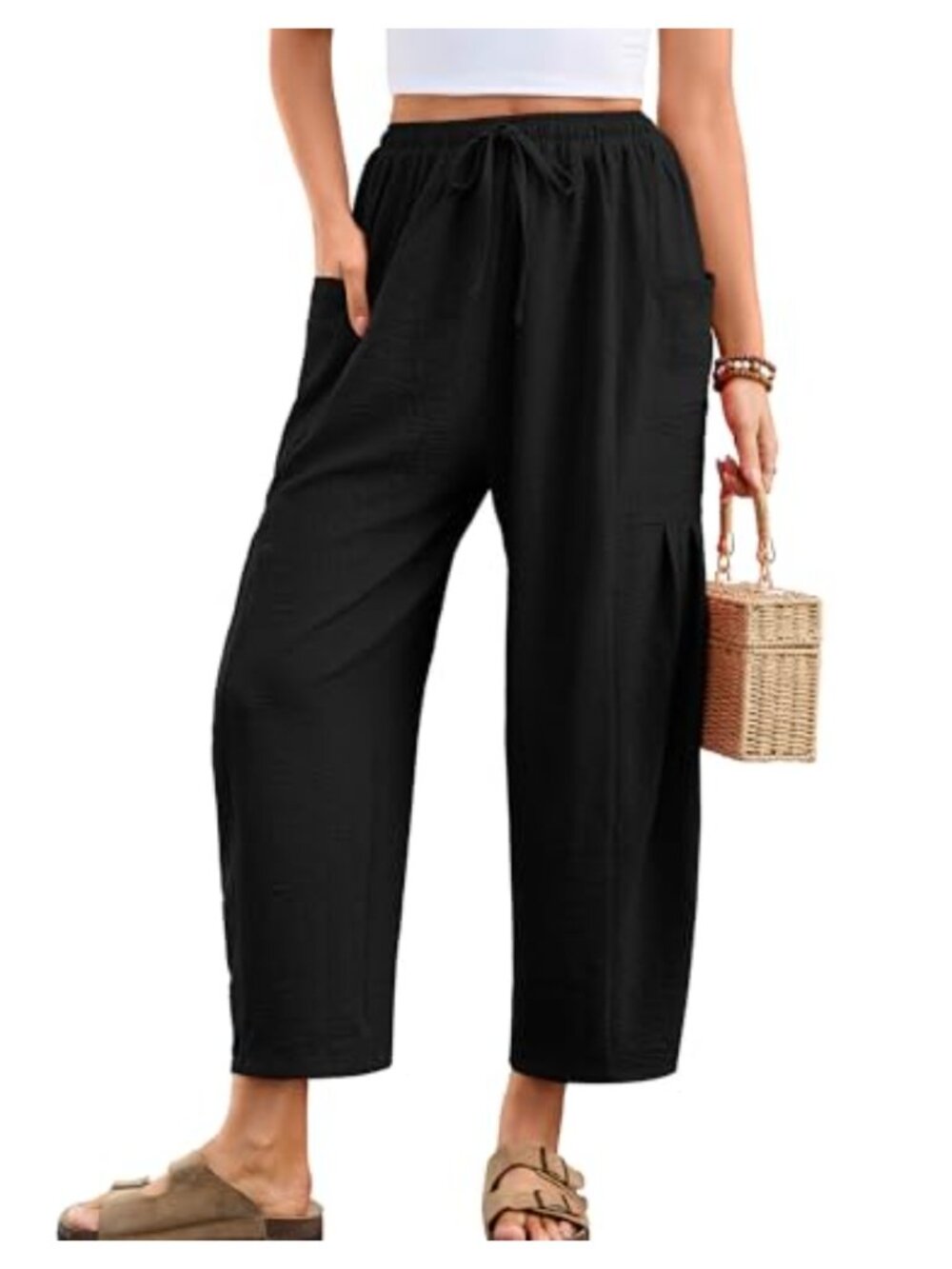 Womens Wide Leg Pants Casual Loose Drawstring Beach Palazzo Harem Trousers with